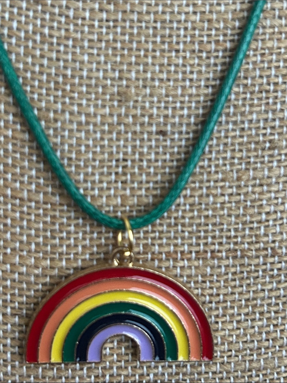 Rainbow Enamel Pendant Necklace on Green Cord - Picture 2 of 3
